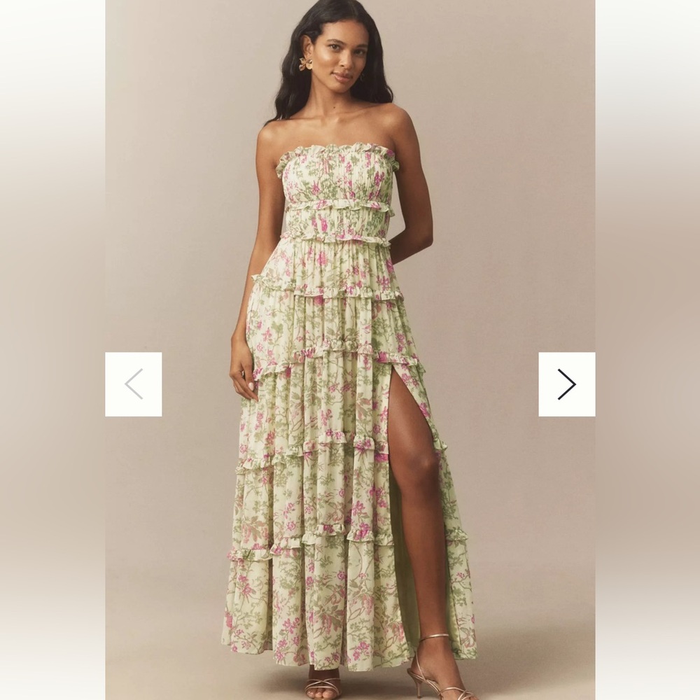 NWT Anthropologie BHLDN Floral Chiffon Strapless Ruched Tiered A-Line Midi Dress
